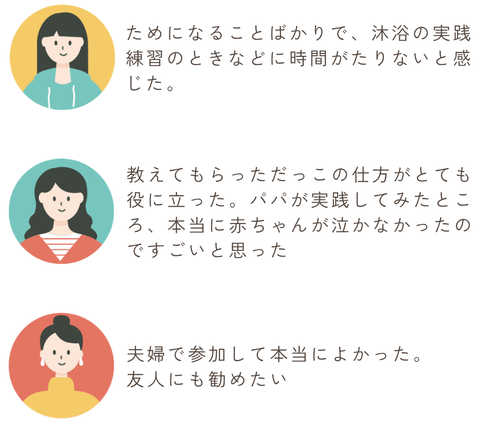 参加者の声
「ためになることばかりで、沐浴の実践練習のときなどに時間がたりないと感じた」
　「教えてもらっただっこの仕方がとても役に立った。パパが実践してみたところ、本当に赤ちゃんが泣かなかったのですごいと思った」
　「夫婦で参加して本当によかった。友人にも勧めたい」
